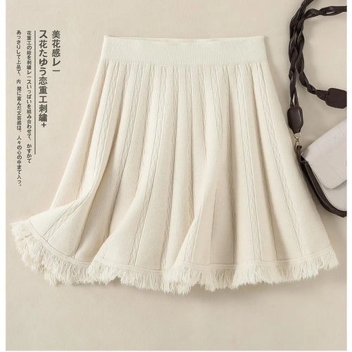 Load image into Gallery viewer, Korean Fashion Autumn Winter Women Solid Tassels Holiday Knitted Short Skirt Vintage High Waist A-line Pleated Half Skirts 2024
