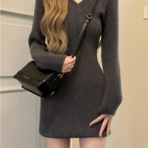 Load image into Gallery viewer, Autumn Winter Knitted Sweater Mini Dress Women Vintage Knit Warm Bodycon Wrap Short Dresses Design Long Sleeve
