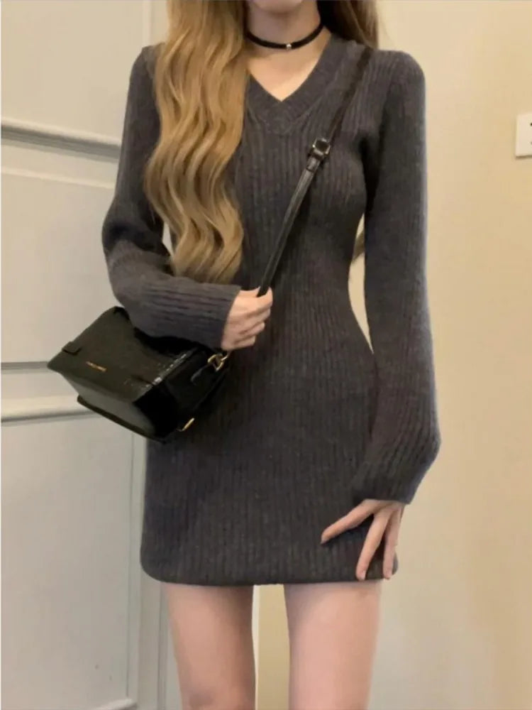 Autumn Winter Knitted Sweater Mini Dress Women Vintage Knit Warm Bodycon Wrap Short Dresses Design Long Sleeve