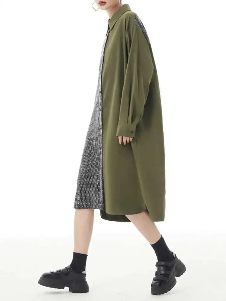 Women Black Color-block Big Size Midi Shirt Dress New Lapel Long Sleeve Loose Fit Fashion Tide Spring Autumn 2025 1DH2095