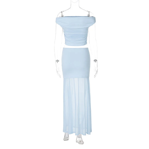 Load image into Gallery viewer, Blue Mesh Sexy Skirt Two Piece Sets Women Strapless Crop Tops And Maxi Skirt Ladies Fashion Elegant 2 Piece Sets
