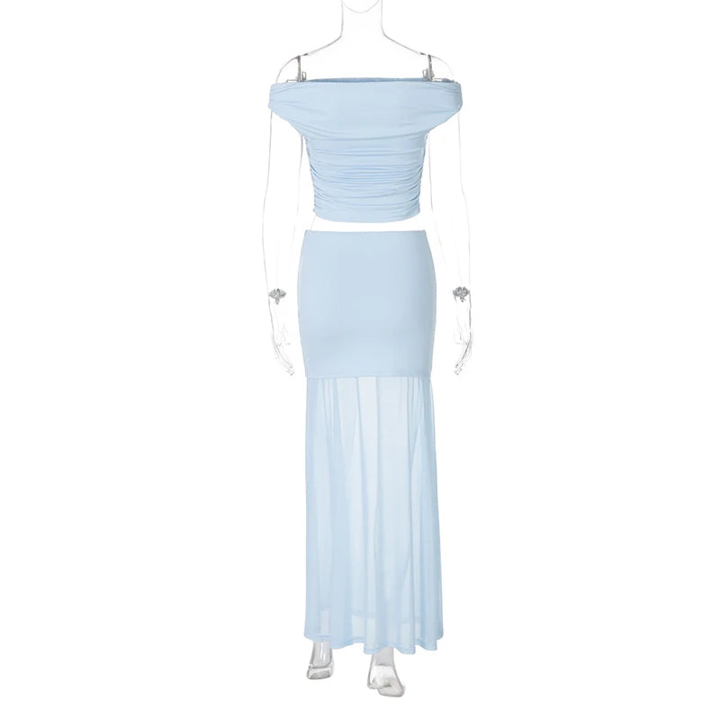 Blue Mesh Sexy Skirt Two Piece Sets Women Strapless Crop Tops And Maxi Skirt Ladies Fashion Elegant 2 Piece Sets