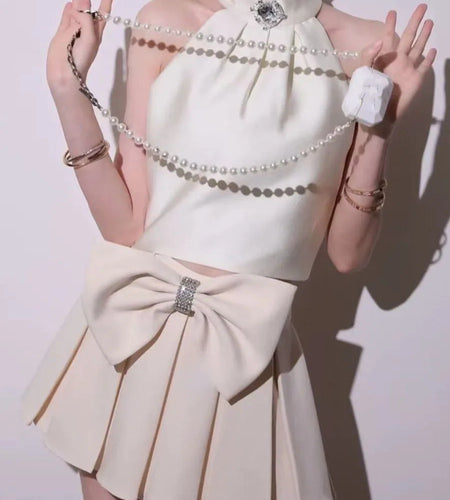 Sweet Two Piece Sets for Women Round Neck Sleeveless Spliced Bead Vest High Waist Patchwork Bowknot Skirt Set Female