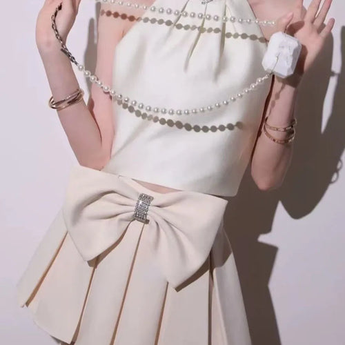 Load image into Gallery viewer, Sweet Two Piece Sets for Women Round Neck Sleeveless Spliced Bead Vest High Waist Patchwork Bowknot Skirt Set Female
