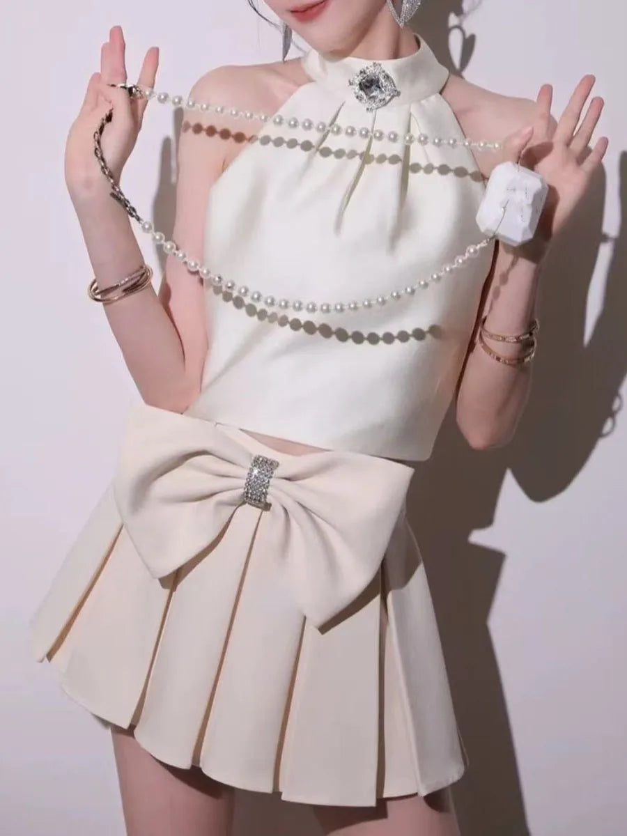 Sweet Two Piece Sets for Women Round Neck Sleeveless Spliced Bead Vest High Waist Patchwork Bowknot Skirt Set Female