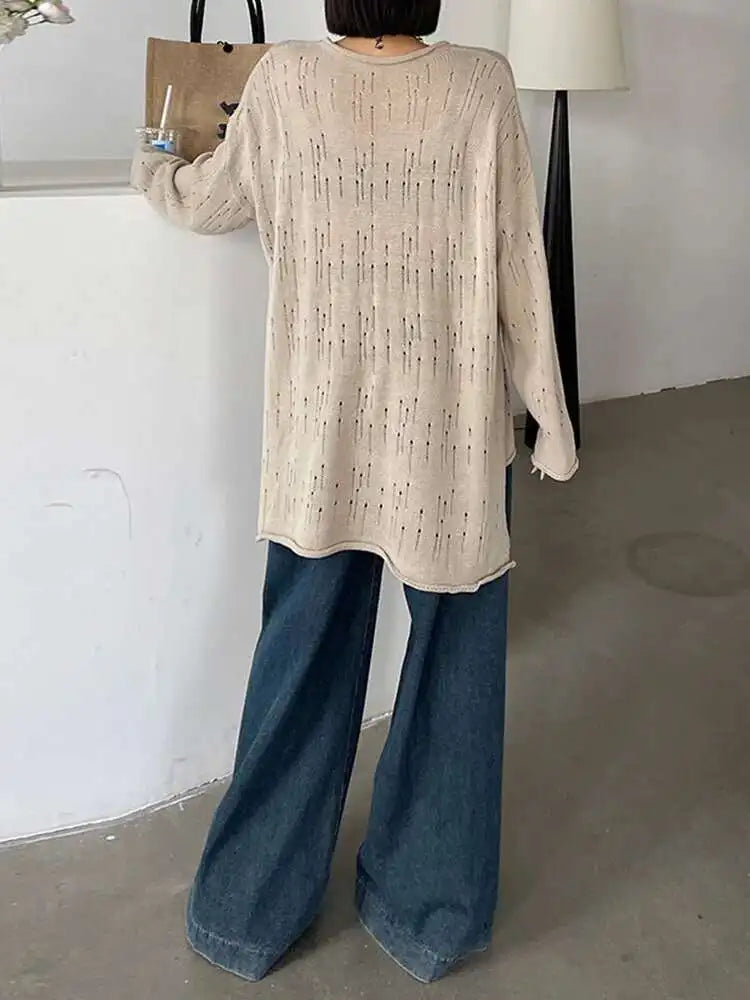 Black Hollow Out Big Size Knitting Sweater Round Neck Long Sleeve Women Pullovers New Fashion Spring Autumn 2025 1DJ0057