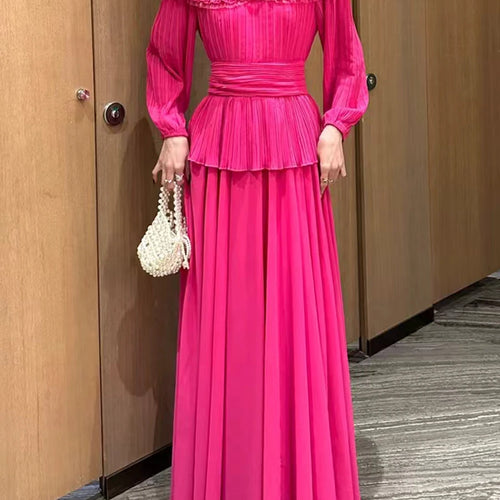 Load image into Gallery viewer, Solid Spliced Ruffles Loose Dresses For Women O Neck Long Sleeve High Waist Temperament Long Dress Female Fashion
