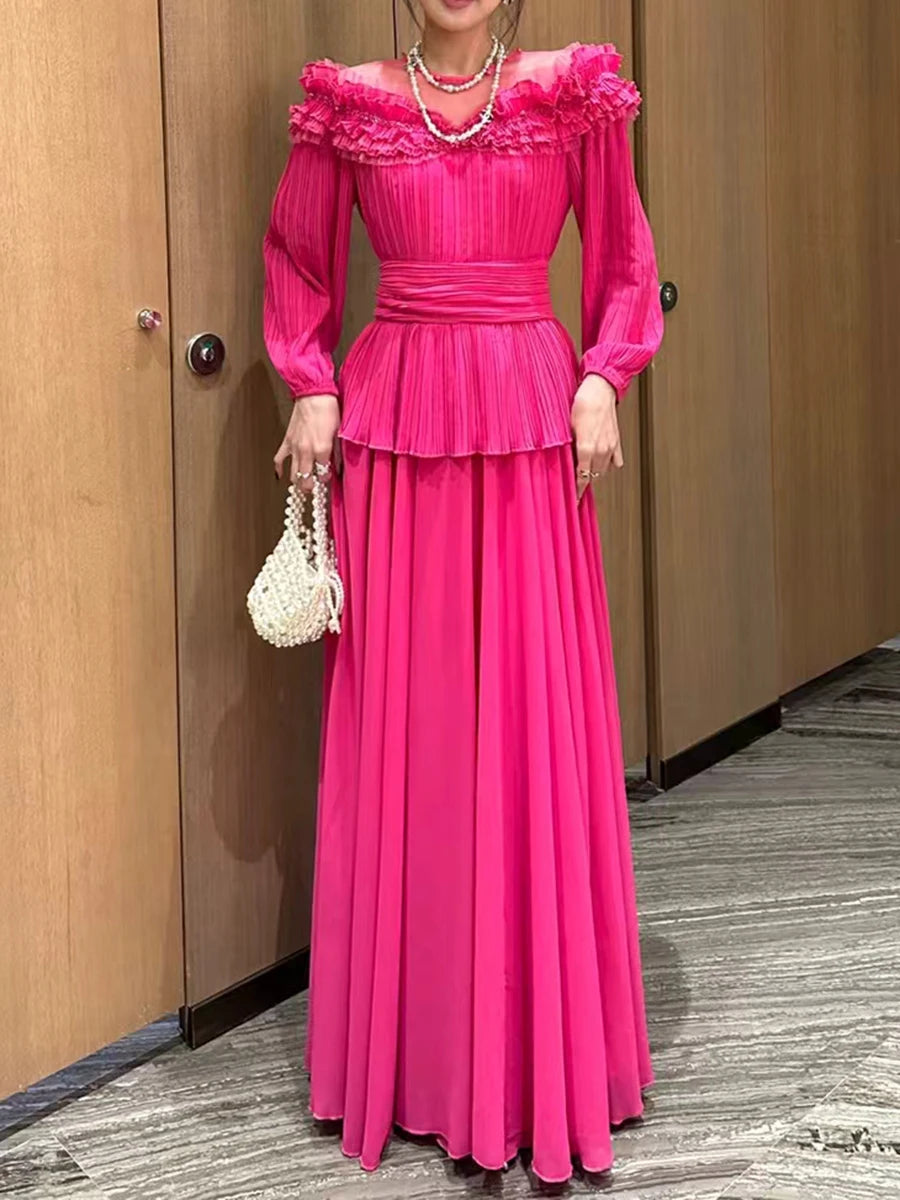 Solid Spliced Ruffles Loose Dresses For Women O Neck Long Sleeve High Waist Temperament Long Dress Female Fashion