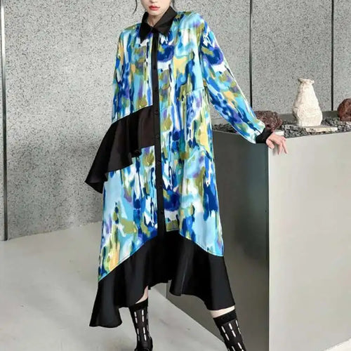 Load image into Gallery viewer, Women Green Pattern Printed Irregular Big Size Shirt Dress New Lapel Long Sleeve Fashion Tide Spring Autumn 2025 1DH4829
