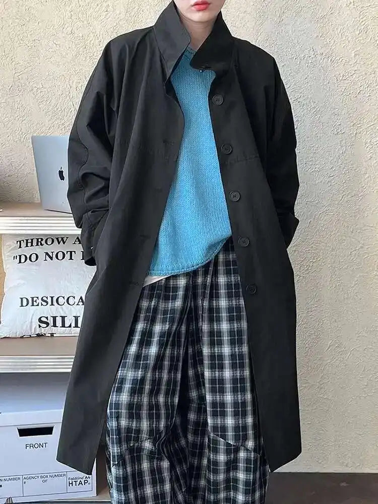 Women Navy Blue Big Size Long Elegant Trench New Stand Collar Long Sleeve Windbreaker Fashion Spring Autumn 2025  1DH6843