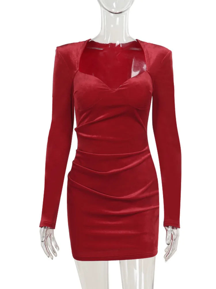 Velvet Long Sleeve Sexy Mini Dress For Women Autumn Winter New Square Collar Bodycon Ruched Club Party Dress Elegant