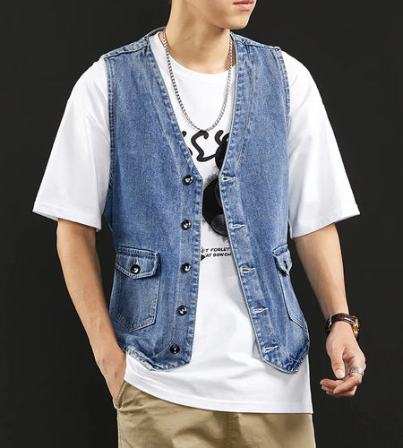 Men's Denim Vest Summer New Male Cargo Clothes Neckless Loose Jacket Trend Youth Coat Single Breasted Men Tide 9W1313