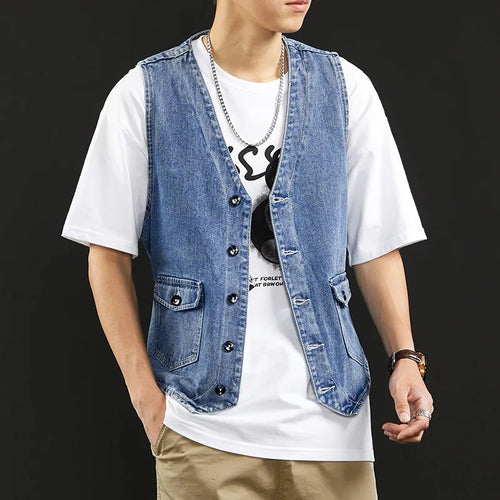 Load image into Gallery viewer, Men's Denim Vest Summer New Male Cargo Clothes Neckless Loose Jacket Trend Youth Coat Single Breasted Men Tide 9W1313
