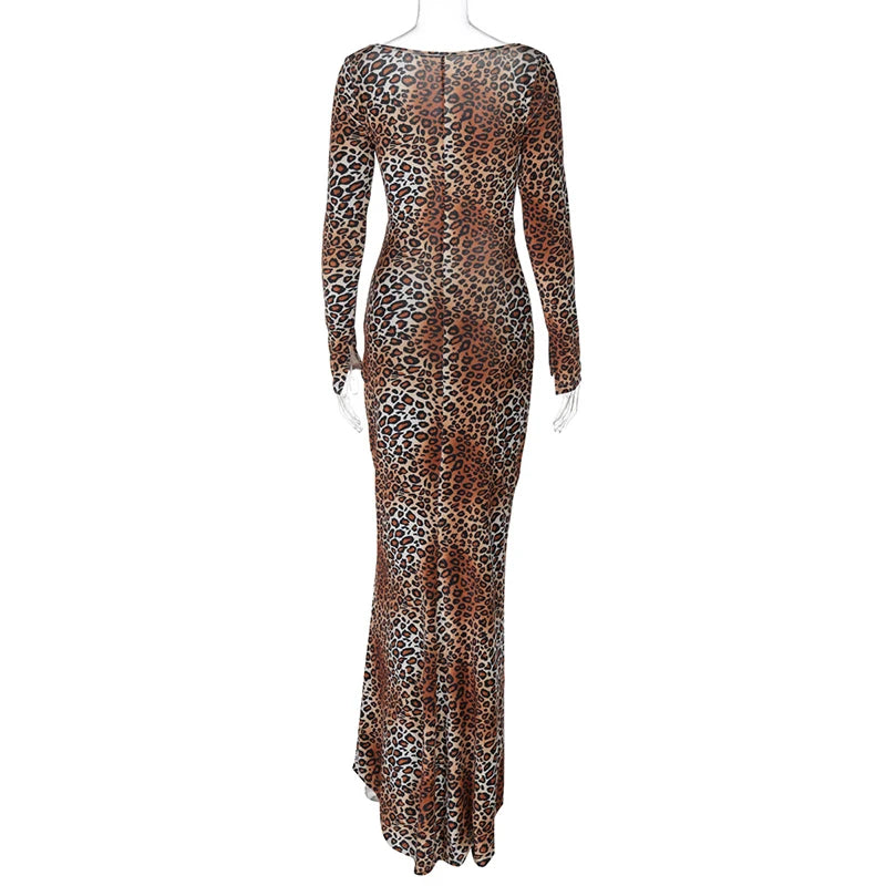 Leopard Print Long Sleeve Sexy Maxi Dress For Women Fashion Hollow Out Bodycon Printed Sexy Long Dress Elegant