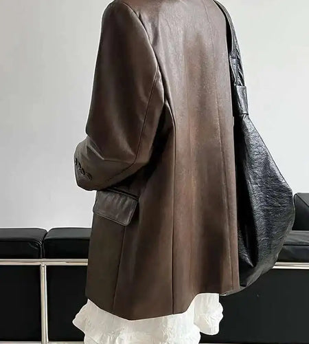 Coffee Brief Big Size Casual PU Leather Jacket New Lapel Long Sleeve Women Coat Fashion Tide Spring Autumn 2025 1DH9978