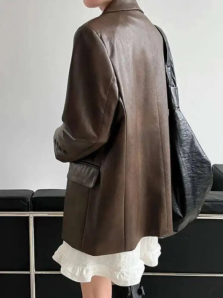 Coffee Brief Big Size Casual PU Leather Jacket New Lapel Long Sleeve Women Coat Fashion Tide Spring Autumn 2025 1DH9978