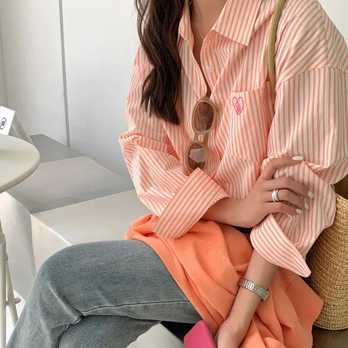 Load image into Gallery viewer, Chicly Casual Office Lady Style New Spring Pink Striped Embroidery Women Shirt with Drop Sleeve and Single Breasted Fashion
