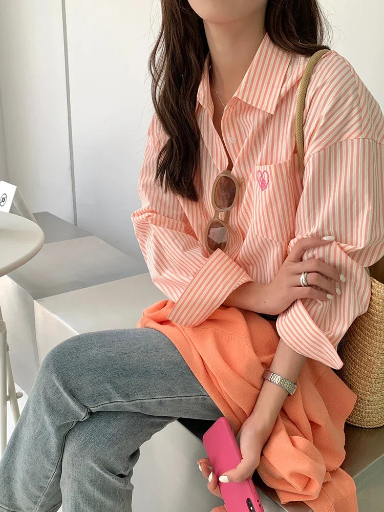 Chicly Casual Office Lady Style New Spring Pink Striped Embroidery Women Shirt with Drop Sleeve and Single Breasted Fashion