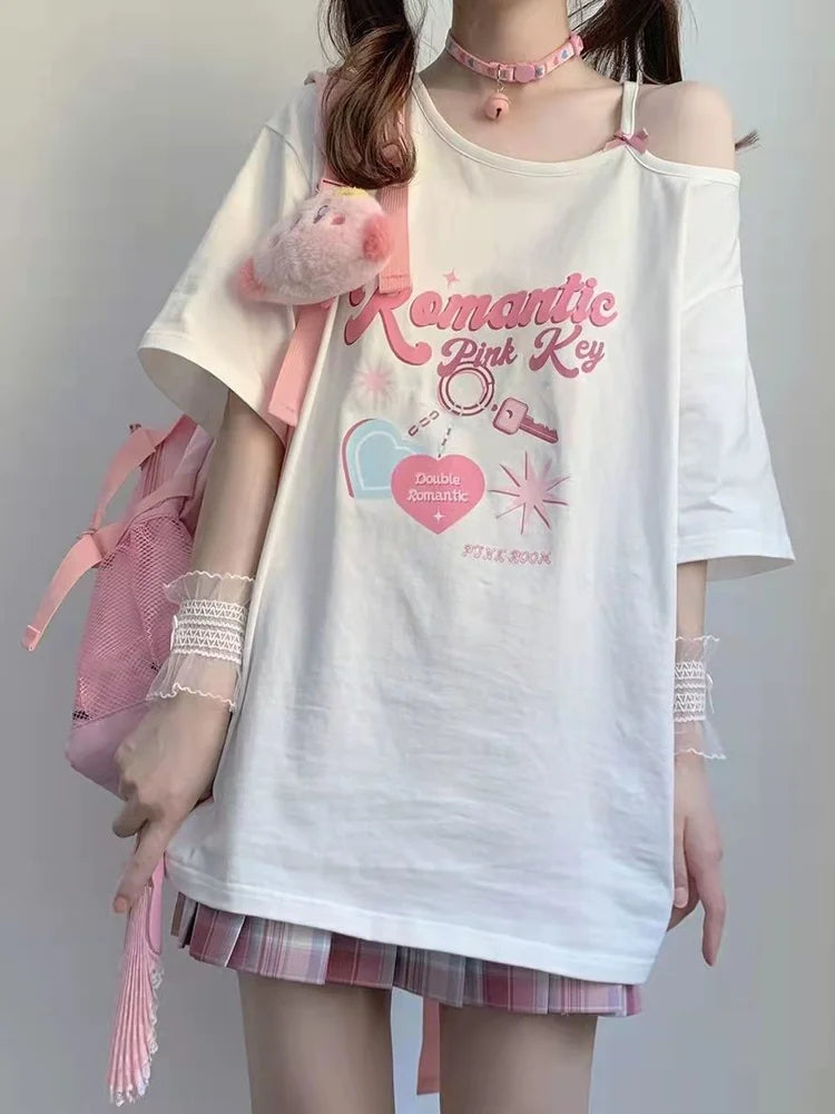 Harajuku Y2k Egirl T Shirt Women Korean Style Love Heart Print Gothic Off Shoulder Tee Punk Graphic Top