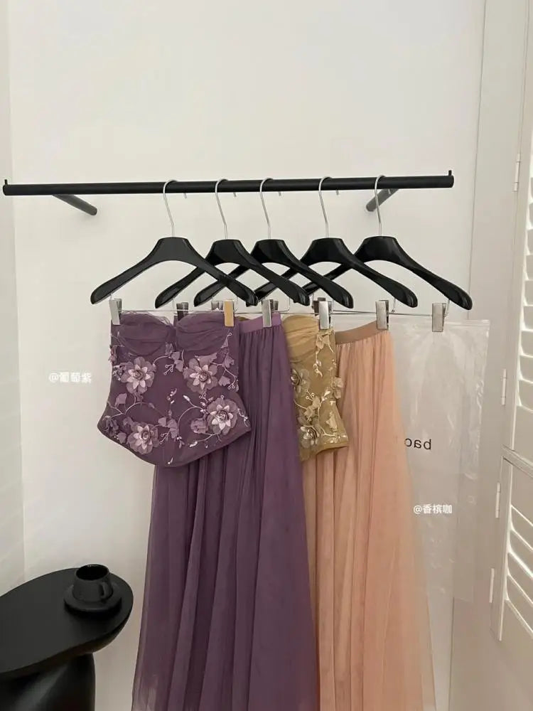 Summer French 2025 Women Purple Flower Embroidery Elegant Backless Strapless Tops And High Waist Mesh Long Skirt Two Piece Sets