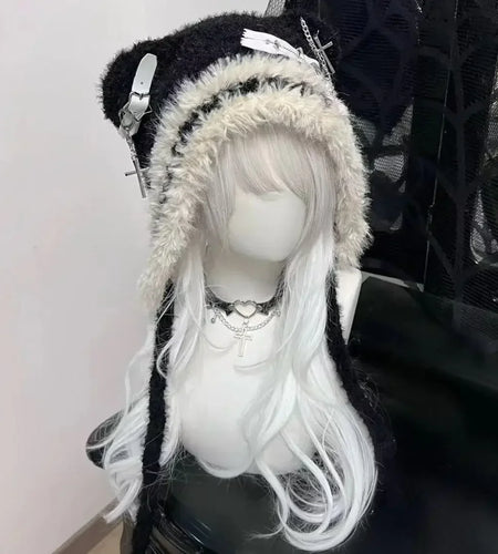 Harajuku Gothic Lolita Y2K Knitted Cat Ear Hat Women Punk Designer Cross Bat Winter Black Beanie Cute Hat Female Accessories Cap