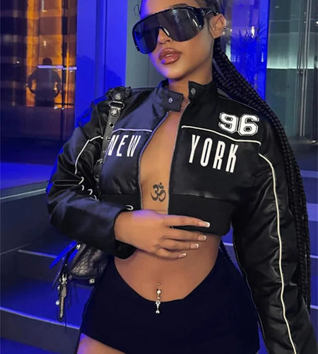 PU Patchwork Women Jacket Letter Print Hipster Button Zip Full Sleeve Trend Cool Street Wild Spring Outwear Crop Coat