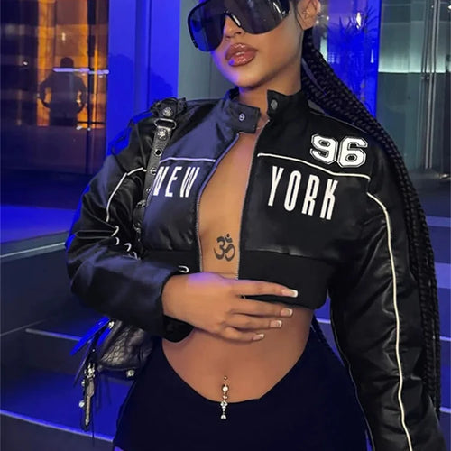 Load image into Gallery viewer, PU Patchwork Women Jacket Letter Print Hipster Button Zip Full Sleeve Trend Cool Street Wild Spring Outwear Crop Coat
