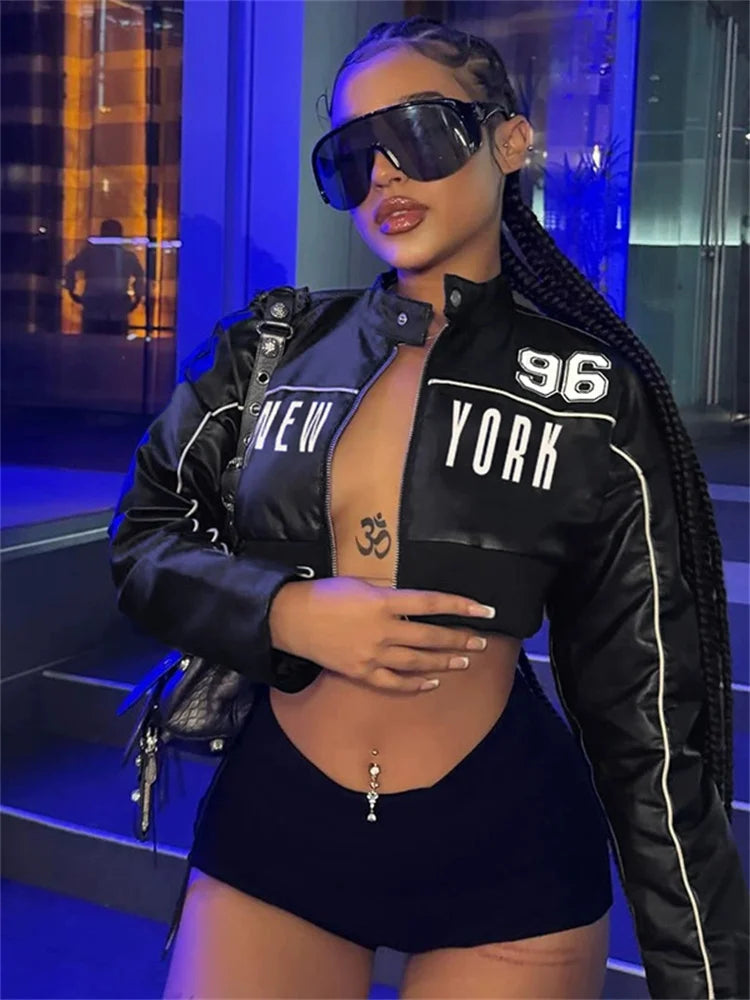 PU Patchwork Women Jacket Letter Print Hipster Button Zip Full Sleeve Trend Cool Street Wild Spring Outwear Crop Coat