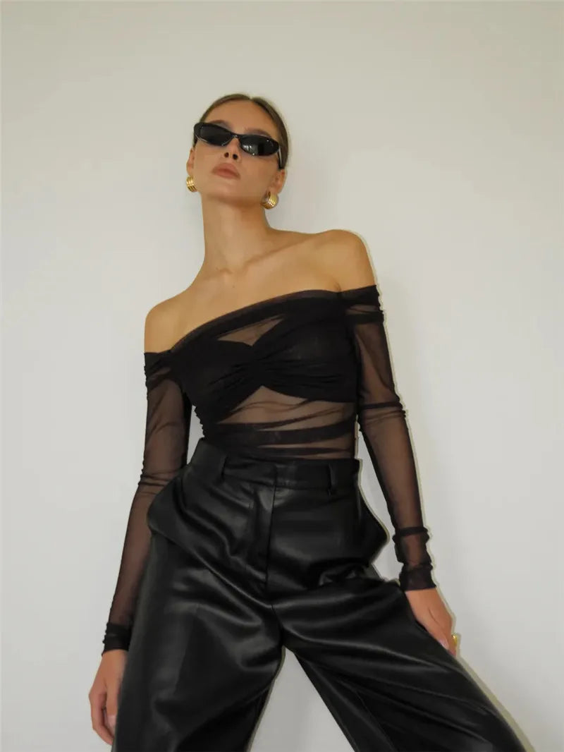 Summer Mesh Off-shoulder T-shirt Women Fashion Pleated Bust Backless Tees Tops Female Elegant Strapless See Through Top