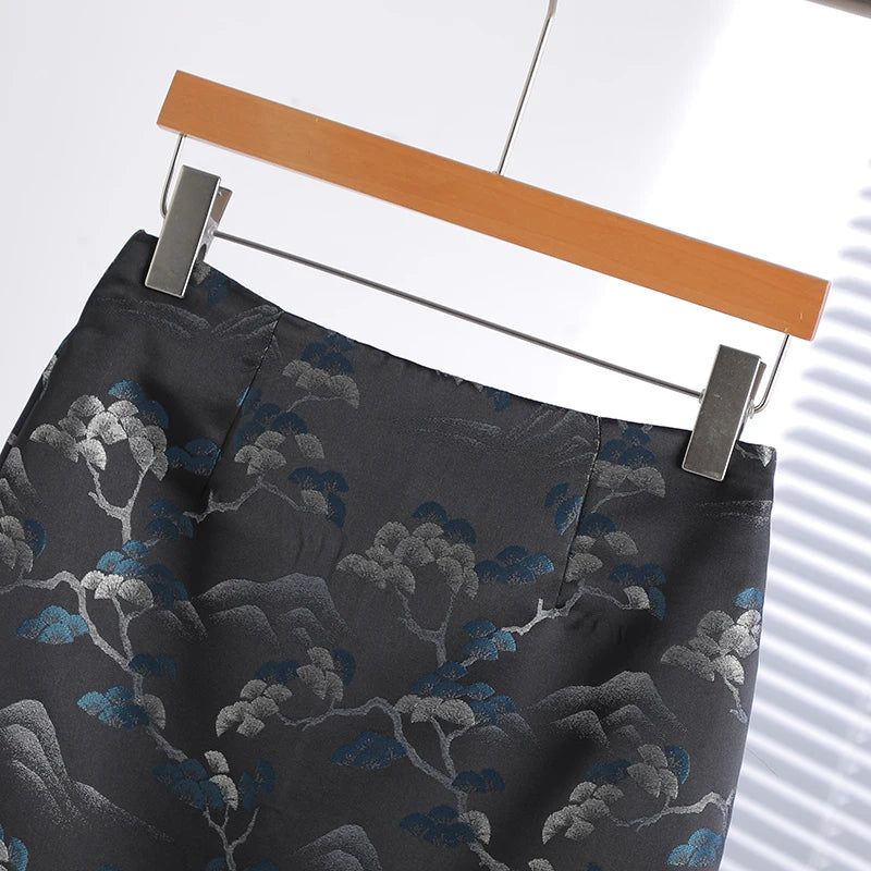 Korean Fashion Retro Women Black Flower High Waist Midi Skirt Spring Summer Elegant Vacation Party Long Skirts New Popular Trend