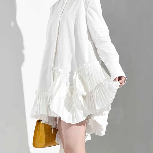 Load image into Gallery viewer, Women White Ruffles Irregular Long Blouse New Stand Collar Long Sleeve Loose Fit Shirt Fashion Spring Autumn 2025 JI82400
