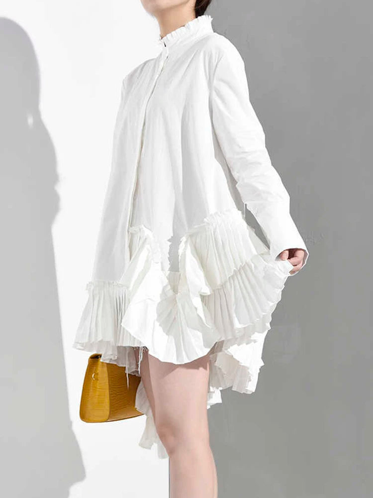 Women White Ruffles Irregular Long Blouse New Stand Collar Long Sleeve Loose Fit Shirt Fashion Spring Autumn 2025 JI82400