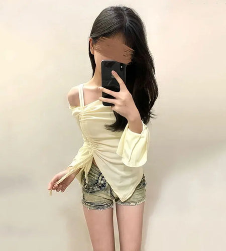 Women Clothes Y2k T Shirts Chic Sexy Tees 2024 Ropa Mujer Flare Sleeve Off Shoulder Camisetas Drawstring Tunic Irregular Tshirt