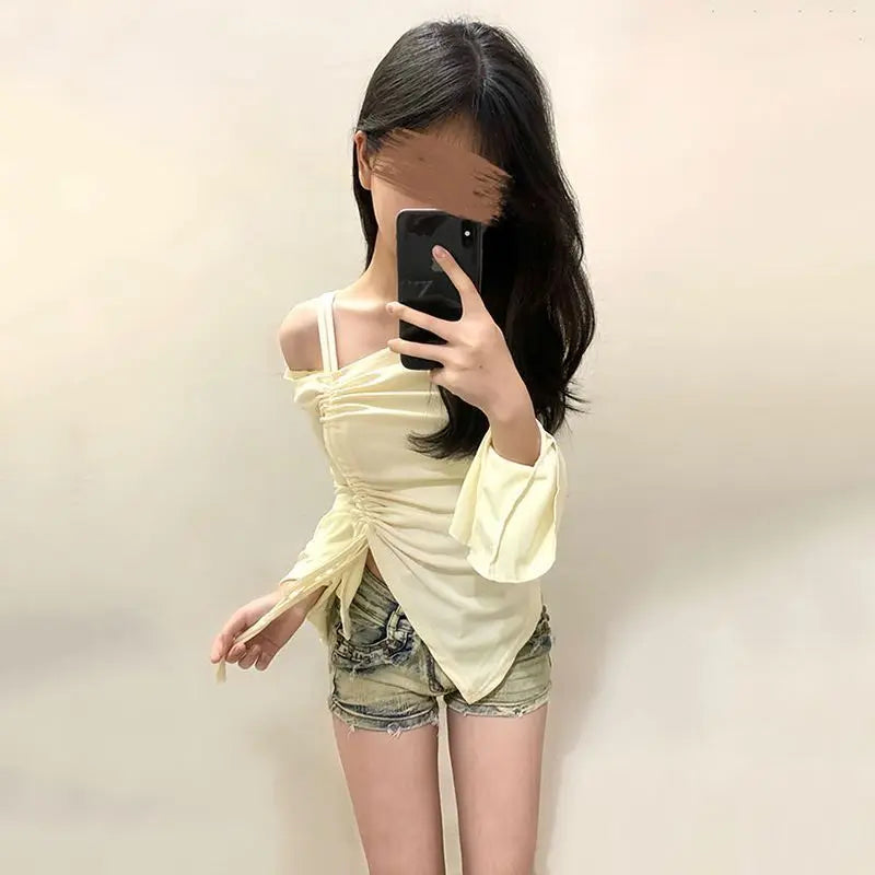 Women Clothes Y2k T Shirts Chic Sexy Tees 2024 Ropa Mujer Flare Sleeve Off Shoulder Camisetas Drawstring Tunic Irregular Tshirt