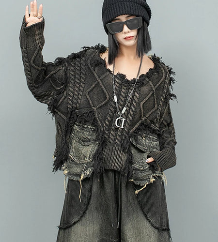 Black Denim Burr Big Size Knitting Sweater Round Neck Long Sleeve Women Pullovers New Fashion Spring Autumn 2025 1DH9546