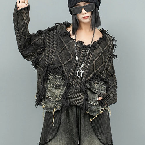 Load image into Gallery viewer, Black Denim Burr Big Size Knitting Sweater Round Neck Long Sleeve Women Pullovers New Fashion Spring Autumn 2025 1DH9546
