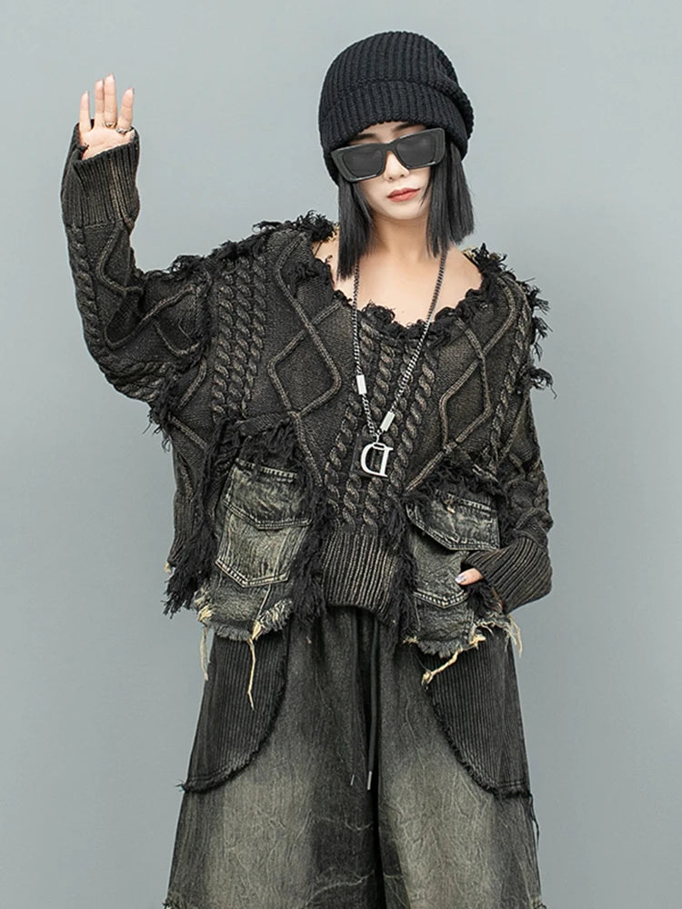 Black Denim Burr Big Size Knitting Sweater Round Neck Long Sleeve Women Pullovers New Fashion Spring Autumn 2025 1DH9546