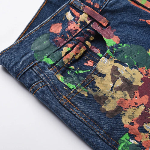 Load image into Gallery viewer, High Street Ink Splash Flower Pattern Veinge Denim Jeans Casual Raw Cut Long Pants Niche Design Trousers 9A1183
