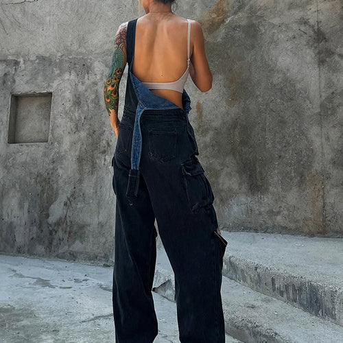 Load image into Gallery viewer, Hole Hollow Out Overalls For Women Sleeveless High Waist Fake Two Piece Denim Wide Leg Pants Female Clothing
