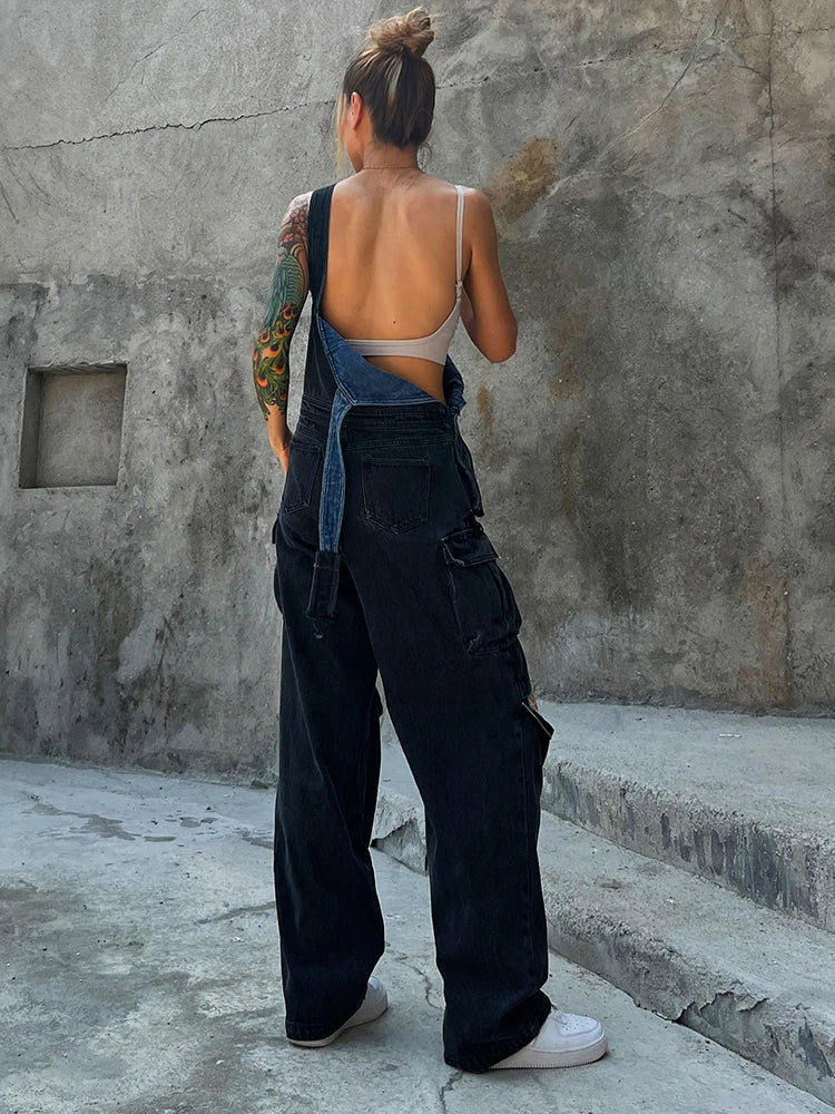 Hole Hollow Out Overalls For Women Sleeveless High Waist Fake Two Piece Denim Wide Leg Pants Female Clothing