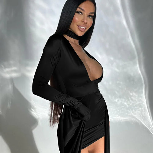 Load image into Gallery viewer, Irregular Sexy Mini Dress For Women Low Cut Long Sleeve Ruched Bodycon Dress Femme Elegant Club Party Sexy Dress New
