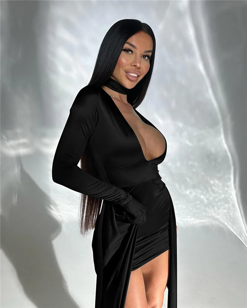 Irregular Sexy Mini Dress For Women Low Cut Long Sleeve Ruched Bodycon Dress Femme Elegant Club Party Sexy Dress New