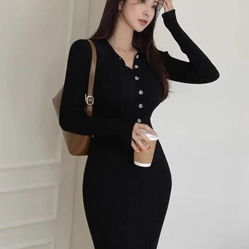 Load image into Gallery viewer, Autumn Knit Knitted Korean Vintage Bodycon Wrap Long Dress Women Kpop Elegant Long Sleeve Party Dresses
