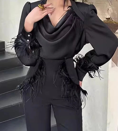 Solid Slimming Spliced Folds Elegant T Shirts for Women Swinging Neck Long Sleeves Patchwork Feather T Shirt Female