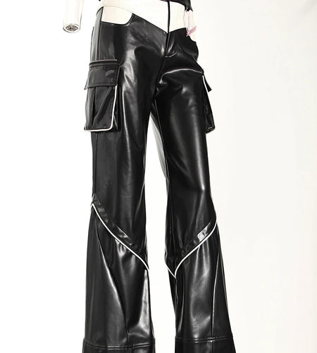 High Waist Black White Pu Leather Color-block Casual Pants New Trousers Women Fashion Tide Spring Autumn 2025 7AB4744