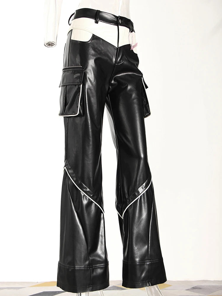 High Waist Black White Pu Leather Color-block Casual Pants New Trousers Women Fashion Tide Spring Autumn 2025 7AB4744