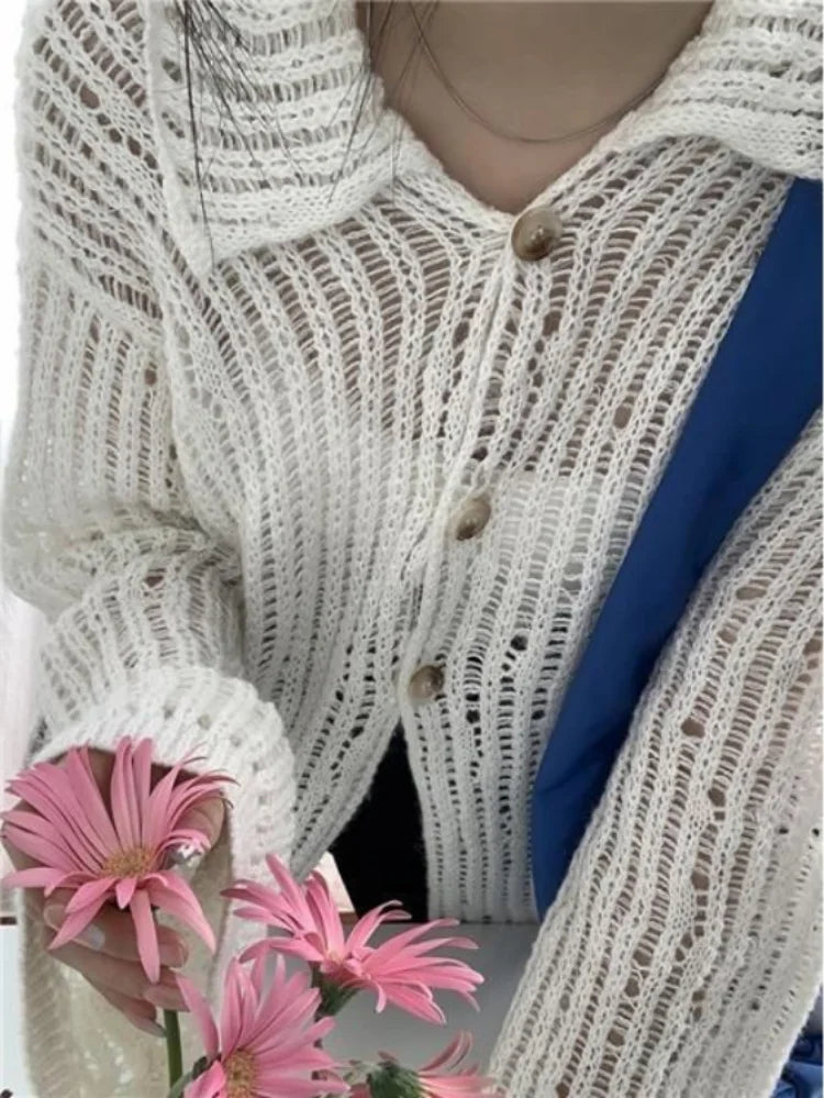 Y2k Aesthetic 2025 Spring Cardigan Femme Vintage Grunge Knitted  Harajuku Turn Down Collar Elegant Loose Women Sweaters