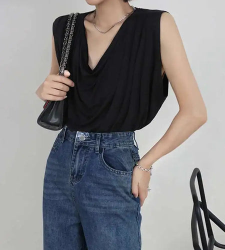 Women White Army Green Pleated Elegant Big Size T-shirt New Round Neck Sleeveless Fashion Tide Spring Summer 2025  1DF5071