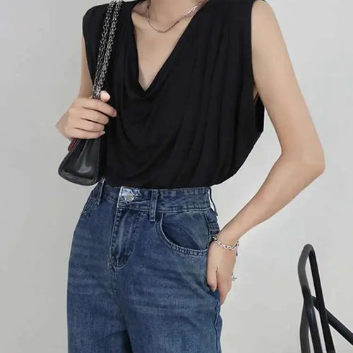 Load image into Gallery viewer, Women White Army Green Pleated Elegant Big Size T-shirt New Round Neck Sleeveless Fashion Tide Spring Summer 2025  1DF5071
