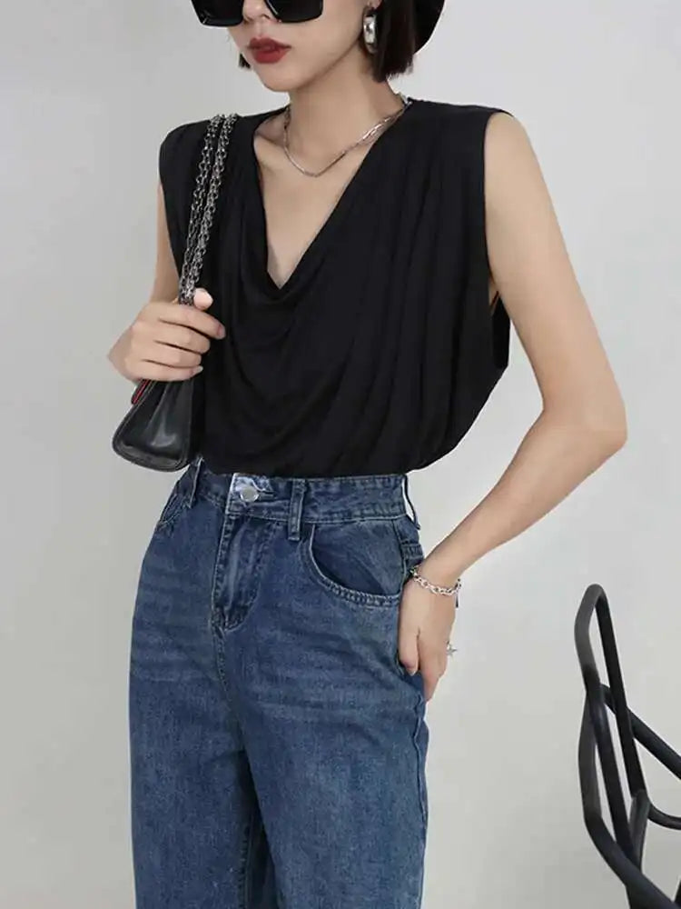 Women White Army Green Pleated Elegant Big Size T-shirt New Round Neck Sleeveless Fashion Tide Spring Summer 2025  1DF5071